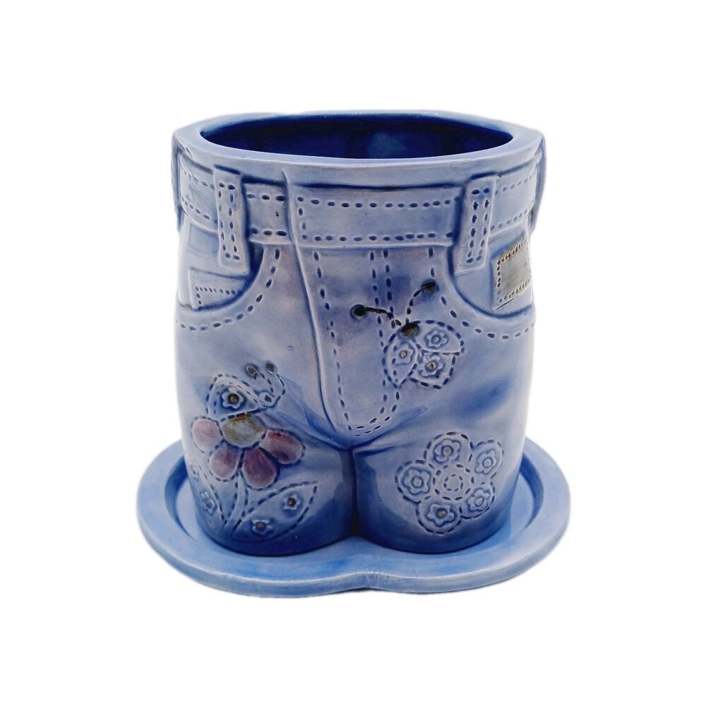 Vtg Blue Jeans Planter Hippie Floral Byron molds 1977 Pen Holder